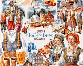 May include: A watercolor illustration of German travel and culture. The image includes a traditional German village, a clock tower, a beer stein, a woman in a dirndl, a man in lederhosen, a violin, and a highway.