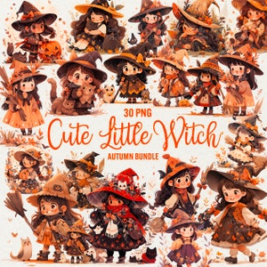 Halloween kleine meisjes clipart, 30 png aquarel schattig portret heks graphics, natuur herfst meisje clipart, mooie meisjes, commercieel gebruik