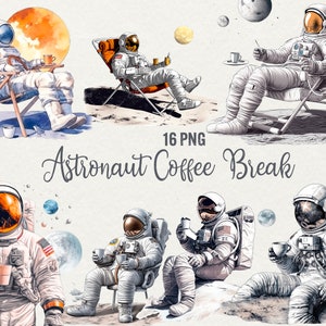 Aquarell Astronaut mit Kaffee Clipart, Kosmos Clipart Bundle, 16 PNG-Grafiken Mond Bremse Aquarell, kommerzielle Nutzung