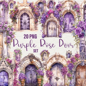 Clipart aquarelle portes violettes, 20 PNG aquarelle porte du château fée illustration, fleurs violettes portes scrapbooking, usage Commercial