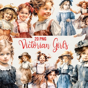 Clipart di ragazze vittoriane, clipart di acquerelli, 20 PNG, piccole ragazze vittoriane, belle signore, ragazza, download immediato, uso commerciale.