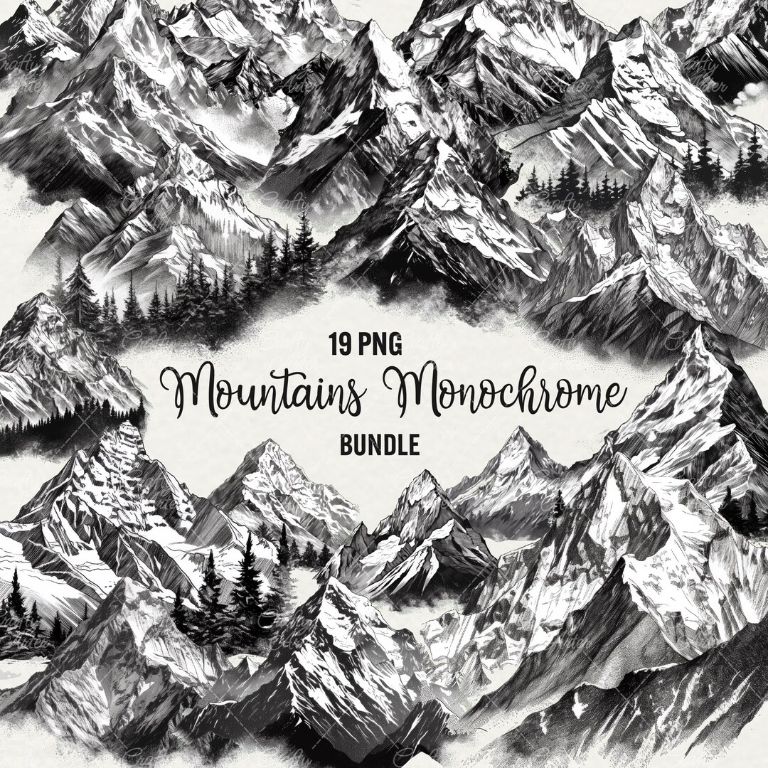 Monochroom bergillustraties: zwart-wit landschap, png-bestand (commercieel  gebruik) - Etsy België, image size:1080x1080