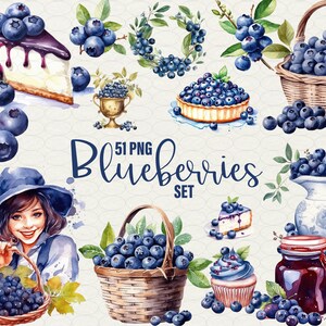 Bosbessen clipart set 51 png Blauwe aquarel bessen clipart, jam, bloemen, bessentaart, boerin, krans, mand. Commercieel gebruik
