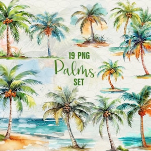 Aquarel palmbomen clipart, 19 png tropische eilandpalmen, palm op strand, commercieel gebruik.