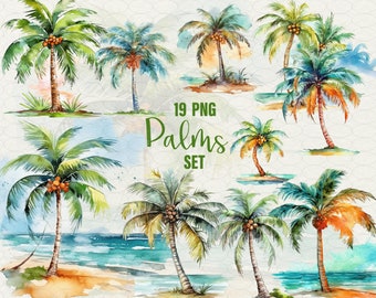 Watercolor Palm Trees Clipart, 19 png tropical island palms, Palm on beach, Commercial Use.