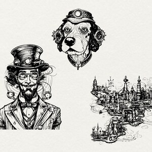 May include: Black and white illustration of a steampunk-style man wearing a top hat and goggles, a dog wearing a top hat and goggles, and a detailed drawing of a floating city.