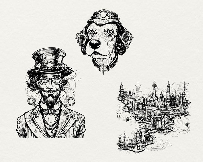 May include: Black and white illustration of a steampunk-style man wearing a top hat and goggles, a dog wearing a top hat and goggles, and a detailed drawing of a floating city.