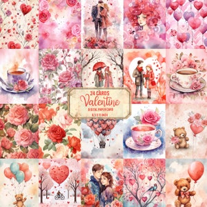Valentines Day Digital Paper, 24 Card Vintage Digital Paper card Love Clipart, Junk Journal Background Scrapbook print, Commercial use