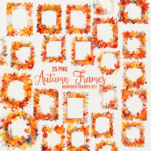 Clipart cornici autunnali, 25 png clipart cornice fiori acquerello, clipart bordo floreale clipart stagione autunnale, download immediato, uso commerciale