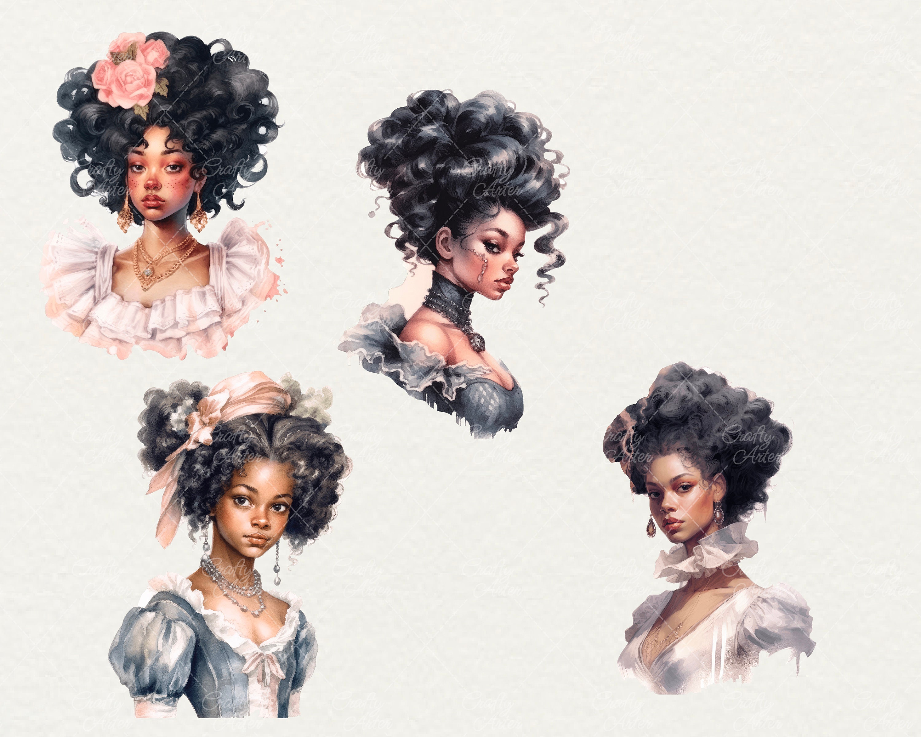 Watercolor Black Princess Clipart: Rococo Style Girls (24 PNG ...