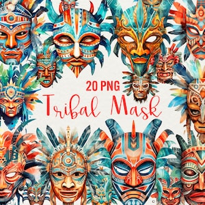 Aquarel tribal masker clipart, 20 PNG Mystic African Mask-illustraties, houten masker clipart voor commercieel gebruik