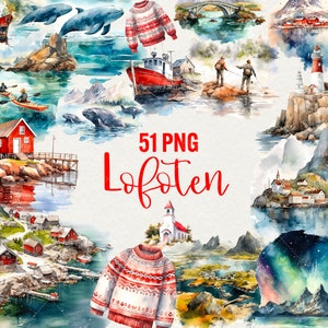 Aquarell Lofoten Clipart, 51 png Norwegen Landschaften Clipart, Lofoten Fjorde, Natur Clipart, Reise Clipart, kommerzielle Nutzung
