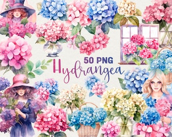 Watercolor Hydrangea Clipart: Pink & Blue Flowers (50 PNG)