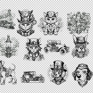 May include: A set of 12 black and white illustrations featuring steampunk-inspired animals, vehicles, and machinery. The illustrations include a cat, a dog, a train, a car, and various gears and cogs.