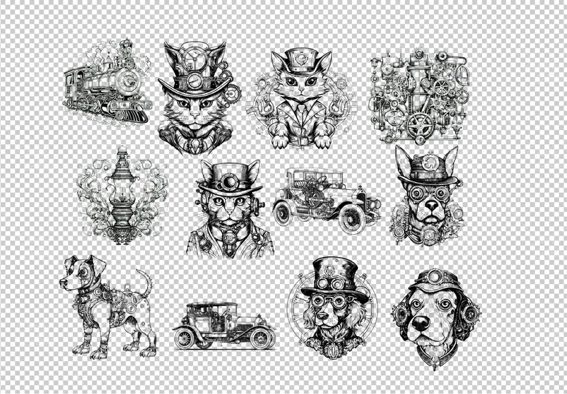 May include: A set of 12 black and white illustrations featuring steampunk-inspired animals, vehicles, and machinery. The illustrations include a cat, a dog, a train, a car, and various gears and cogs.