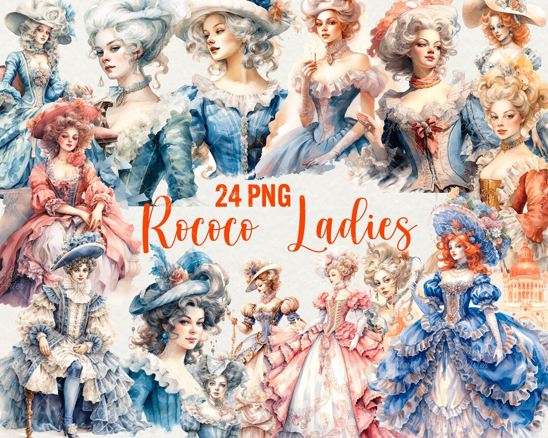 Watercolor Rococo Ladies Clipart: 24 PNG Princess Graphics (commercial ...