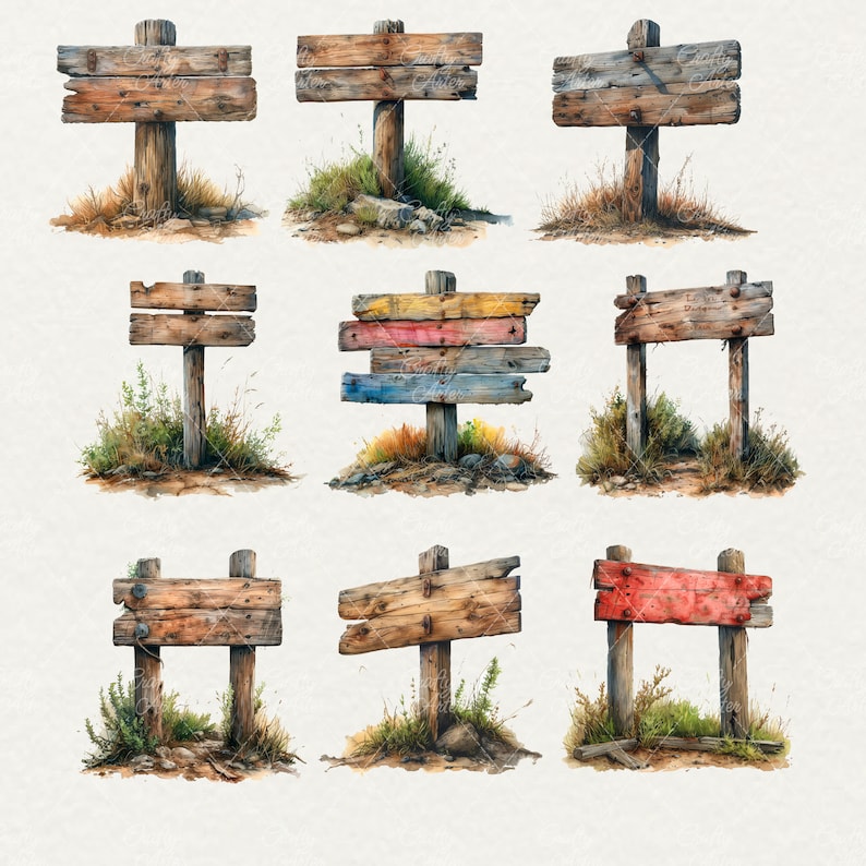 Rustic Sign Texture Watercolor Rustic Wood Sign Clipart: 24 PNG Graphics (digital Download ...