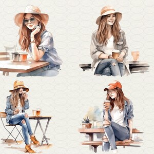 May include: Four watercolour illustrations of women wearing hats and jeans, sitting at outdoor tables with coffee cups. The women are all wearing different styles of hats, including a straw hat, a baseball cap, and a fedora.