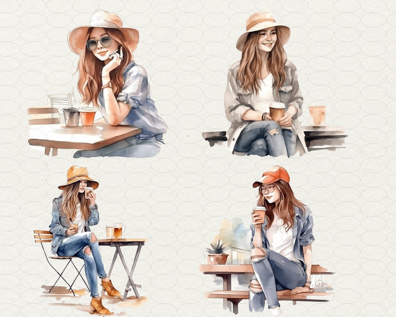 May include: Four watercolour illustrations of women wearing hats and jeans, sitting at outdoor tables with coffee cups. The women are all wearing different styles of hats, including a straw hat, a baseball cap, and a fedora.
