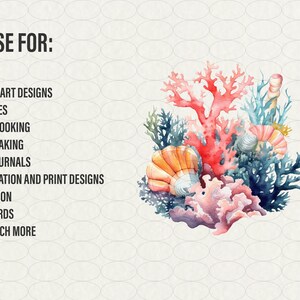 Op de afbeelding: Waterverfillustratie van koraal, schelpen en zeewier.  Gebruik voor: Digitale kunstontwerpen, websites, scrapbooking, kaartmaken, junk journals, sublimatie- en printontwerpen, uitnodigingen, cadeaukaarten en nog veel meer.