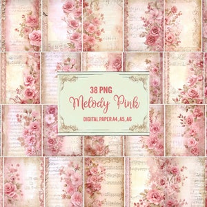 May include: A digital paper pack with 38 pink floral designs featuring roses and music notes. The pack is called "Melody Pink" and is for A4, A5, and A6 paper sizes.