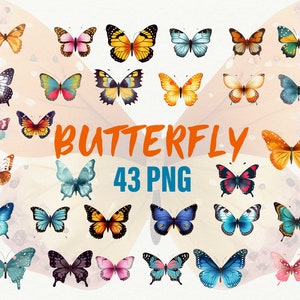 43 Butterfly Clipart PNG Watercolor Butterfly Stickers Butterfly Bundle Clipart Illustrations Set Instant Download, Commercial Use