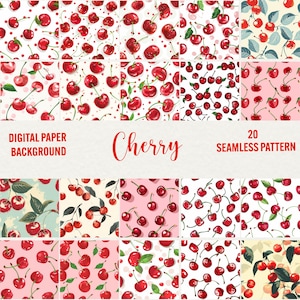 Modello senza cuciture di ciliegie, carta digitale di ciliegie dolci, carte digitali con motivo di ciliegie acquerellate, download immediato di album per uso commerciale