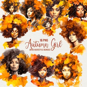 Bella ragazza nera autunnale Clipart, clipart ragazza acquerello, 16 PNG donna con capelli afro autunnali, bella ragazza nera, uso commerciale.