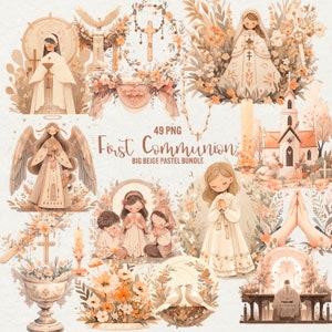 Erstkommunion Beige Clipart Bundle, 49 PNG Pastell Beige, Kommunion Mädchen Clip Art, Engel Mädchen, religiös, Bibel Png, kommerzielle Nutzung