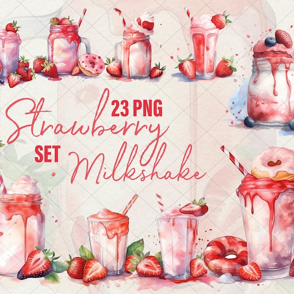 Strawberry Milkshake watercolor set 23 PNG, Summer Milkshakes Ice cream Milkshake Commercial Use, Strawberry Shake menu Milkshake Clipart