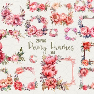 Rosa Pfingstrosen Aquarell Clipart, Sommerblumen Clipart, Pfingstrosen Hochzeit, 28 PNG Blumen, Pfingstrosen Clipart Kranzrahmen, kommerzielle Nutzung