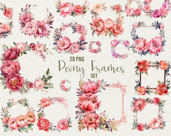 Pink Peonies Watercolor Clipart: Summer Wedding Frame (28 PNG)