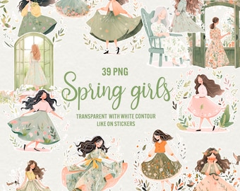 May include: 39 PNG images of spring girls in floral dresses and skirts. The girls are surrounded by flowers and greenery. The text "Spring girls" is written in large, bold letters at the top of the image. The text "Transparent with white contour like on stickers" is written below the title.