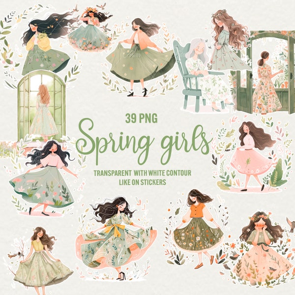 Spring Girls Watercolor Clipart, 39 PNG Cute Spring Girl, Cozy Beautiful Girl in Dress, Spring Floral, Digital Png Stickers, Commercial Use