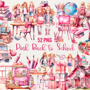 Clipart de escola em aquarela, clipart de volta às aulas, clipart de escola rosa 52 PNG, livros ônibus escolar, clipart de aquarela uso comercial digital