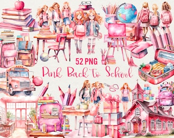 Watercolor Pink School Clipart: Back to School PNG Set (52 Images)