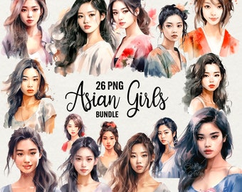 Watercolor Asian Girls Clipart: 26 PNG Portrait Graphics (Commercial Use)