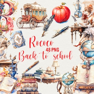 Rococo terug naar school clipart, aquarel school clipart, 48 PNG rococo boek, koets, klas, wereldbol, instant download, commercieel gebruik.
