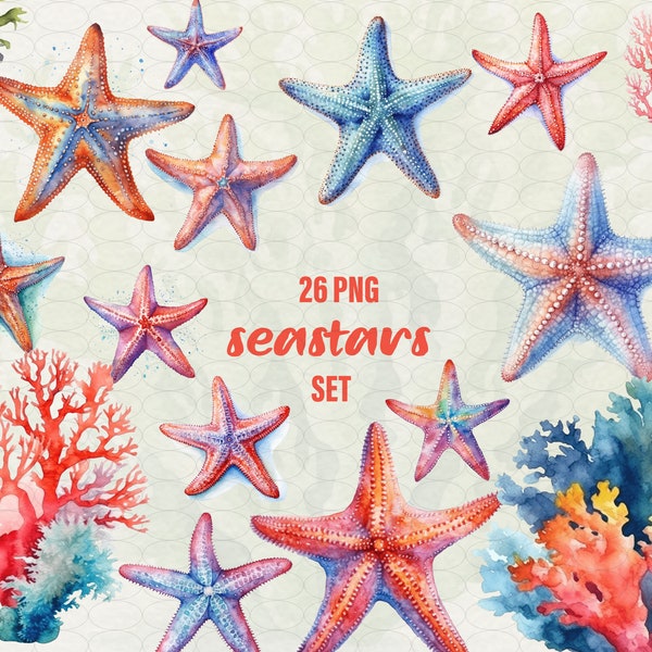 Watercolor Seastar Clipart, 26 png, sea stars under water, ocean animal, coral clipart Seastar, Commercial Use.