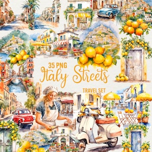 Italië straat clipart, zomer reizen clip art 35 png Italiaanse aquarel, Italië citroen vakantie, droom reizen Positano clipart, commercieel gebruik.