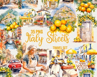 Italy Street Clipart: Watercolor Travel Scenes (35 PNG) Commercial Use