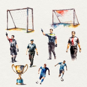 K&ouml;nnte beinhalten: Ein Aquarellgem&auml;lde eines Fu&szlig;ballspiels mit Spielern, Schiedsrichtern und einer Troph&auml;e. Die Spieler tragen blaue und wei&szlig;e Trikots, die Schiedsrichter schwarze und wei&szlig;e Trikots. Im Hintergrund befinden sich zwei Fu&szlig;balltore.