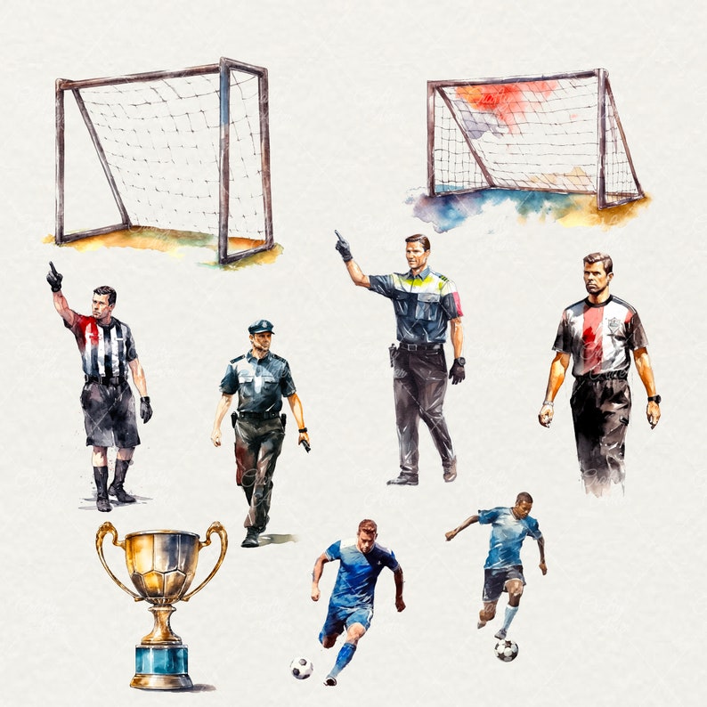 K&ouml;nnte beinhalten: Ein Aquarellgem&auml;lde eines Fu&szlig;ballspiels mit Spielern, Schiedsrichtern und einer Troph&auml;e. Die Spieler tragen blaue und wei&szlig;e Trikots, die Schiedsrichter schwarze und wei&szlig;e Trikots. Im Hintergrund befinden sich zwei Fu&szlig;balltore.