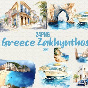 Zakynthos Grèce clipart, clipart été Grèce, 24 png aquarelle Grèce, scrapbooking vacances Grèce. Grèce romantique, usage commercial.