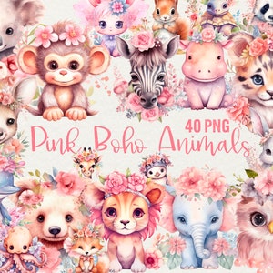 Aquarell Boho Tiere Clipart, 40 PNG Pastell Rosa Baby Clipart Boho Blumen Tiere Clipart für kommerzielle Nutzung