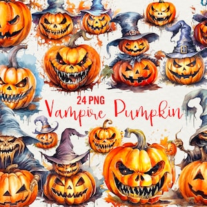 Watercolor Vampire Pumpkin Clipart: 24 PNG Halloween Horror Graphics (Commercial Use)