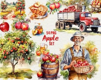 Apple Clipart Bundle: Watercolor Orchard Harvest Illustrations (54 PNG)