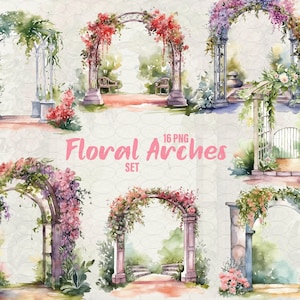 水彩のウェディング フラワー アーチ クリップアート、結婚式の花のクリップアート、フラワー ビンテージ アーチ。PNG クリップアート、商用利用可。