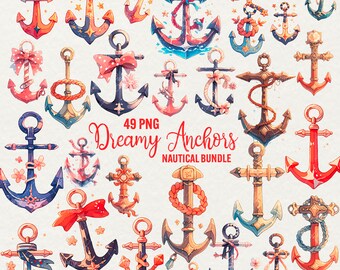 Peut inclure: Un ensemble de 49 illustrations numériques d'ancres dans différents styles et couleurs. Les ancres sont décorées de fleurs, de rubans, de cordes et d'autres éléments nautiques. Le texte "49 PNG Dreamy Anchors NAUTICAL BUNDLE" est affiché au centre de l'image.