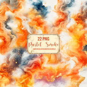 Watercolor Smoke Overlays, 22 png pastel smoke clouds, orange fog design, smoke background, transparent digital elements, commercial use.